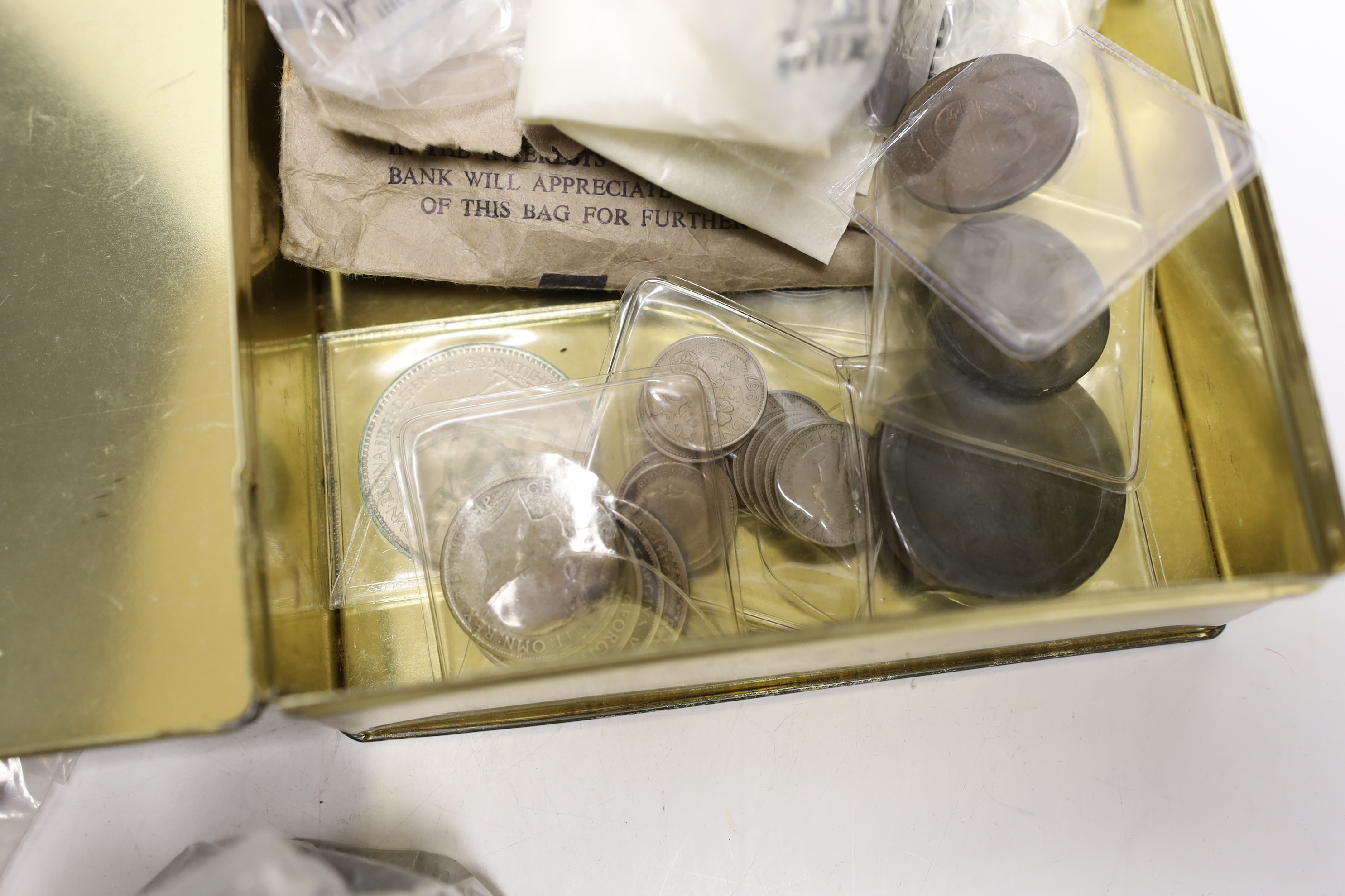 British coins, George III to QEII, including florins, 1936 halfcrown, together with assorted foreign coins and then 1844 Canadian halfpenny token for Province of Canada bank of Montreal